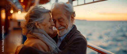 Senior couple dancing after dinner on cruise, nostalgic, soft evening light, eye-level, timeless love.