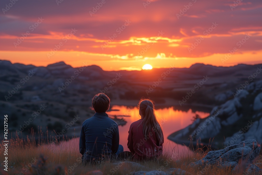 A serene image capturing a couple seated on grass overlooking a lake at sunset with the sky in vibrant hues of orange and pink