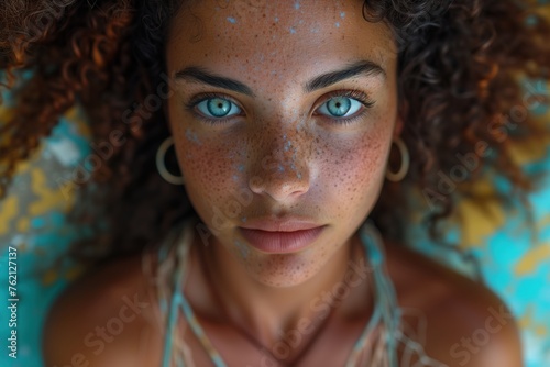 Intense portrait of a beautiful young woman with striking blue eyes and freckles looking upward