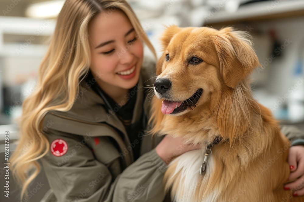 An affectionate young woman hugs a fluffy dog, both smiling, with a Canada Goose brand visible