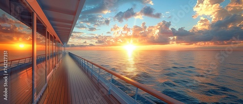 Cruise ship balcony view, ocean expanse, tranquil, morning light, reflective.