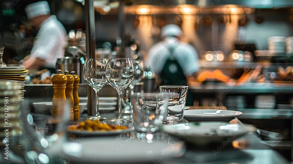 A restaurant table with glasses and condiments in the foreground chefs cooking in the background A restaurant table with glasses and condiments in the foreground chefs cooking in the background