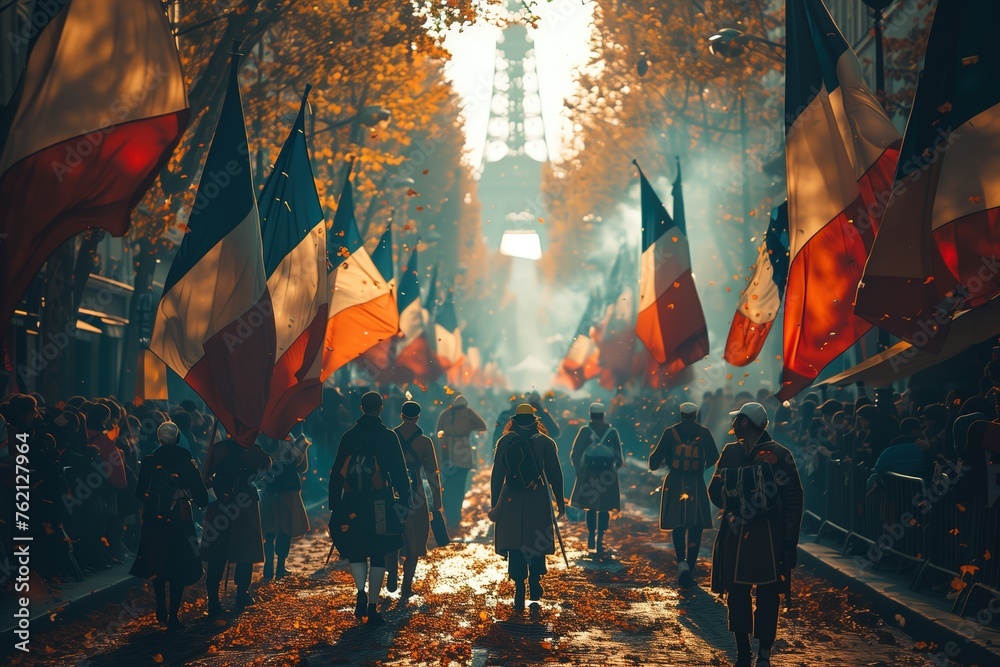 A special event with a parade of individuals carrying French flags through a street, with the Eiffel Tower in the backdrop - obrazy, fototapety, plakaty 
