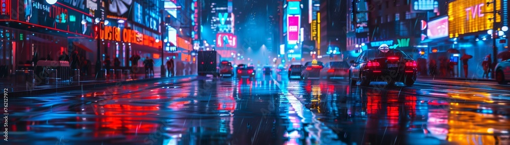 A wet city street at night reflecting neon lights A wet city street at night reflecting neon lights