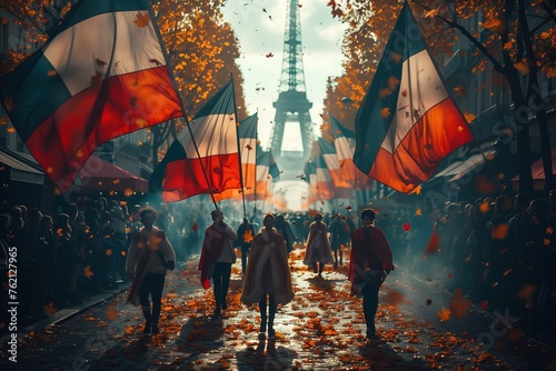 People walking on a festively decorated Paris street with French flags and the iconic Eiffel Tower photo