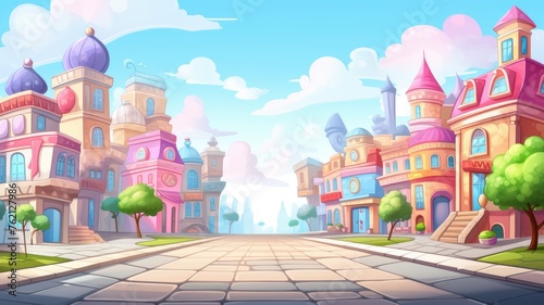 Cartoon cityscape with whimsical buildings and clear skies © chesleatsz