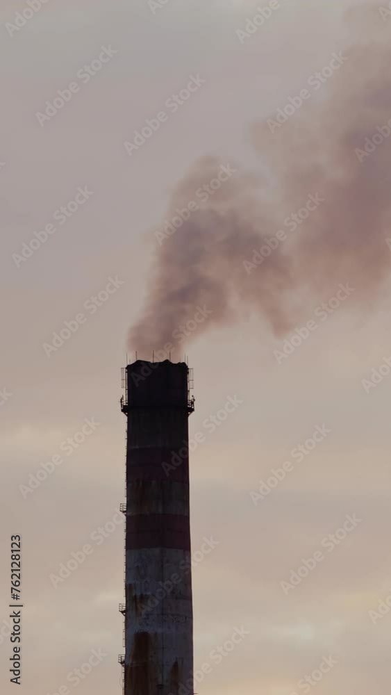 Industrial pipes with massive smoke. Harmful emissions fill the air on the evening sky background. Dense fumes pollute the atmosphere. Ecological disaster. Close-up Vertical video Industrial pipes with massive smoke. Harmful emissions fill the air on the evening sky background. Dense fumes pollute the atmosphere. Ecological disaster. Close-up Vertical video