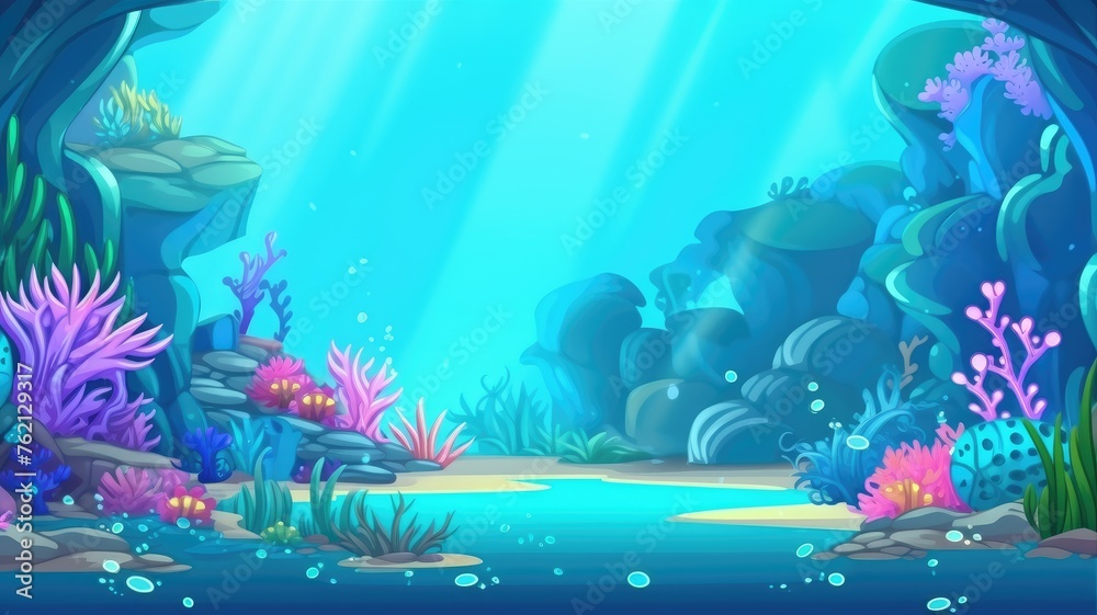 Cartoon underwater cartoon with colorful corals, striped fish, and sunlit blue waters