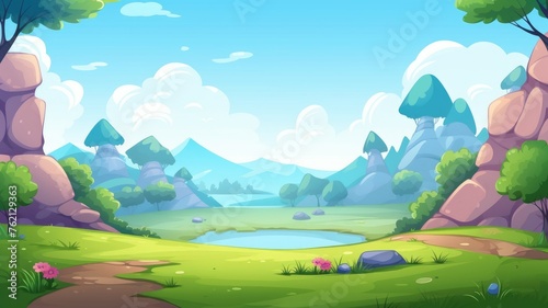 Cartoon vector cave landscape  path through a rocky arch  with lush greenery and distant mountains