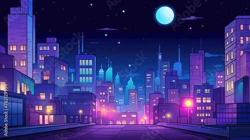 cartoon cityscape at dusk, with a moonlit sky and an array of peaceful buildings