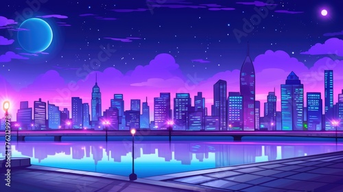 cartoon cityscape at dusk  with a moonlit sky and an array of peaceful buildings