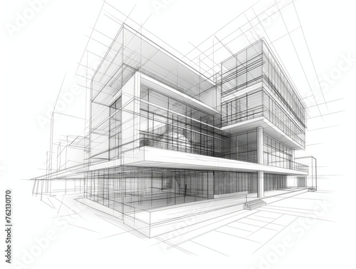 A detailed black and white sketch showing the design of a contemporary multi-story building, with emphasis on geometric forms and perspective.