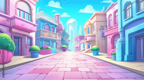 cartoon cityscape with pastel buildings under a clear, vibrant sky © chesleatsz