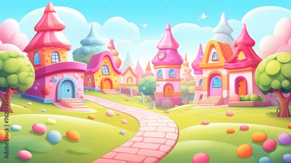 cartoon Whimsical landscape with candy castles, serene river, and vibrant flora under a clear sky