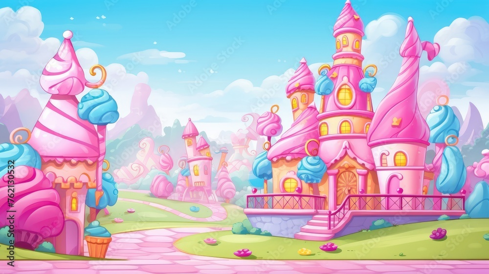 cartoon Whimsical landscape with candy castles, serene river, and vibrant flora under a clear sky cartoon Whimsical landscape with candy castles, serene river, and vibrant flora under a clear sky