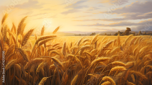 Golden wheat field at sunset under the blue summer sky photo