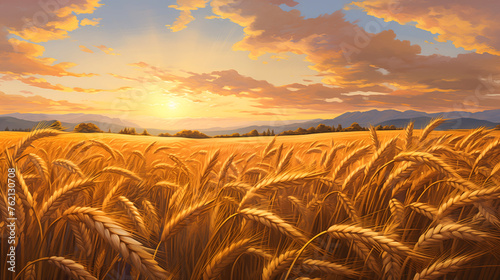 Wheat field bathed in the warm hues of sunset photo
