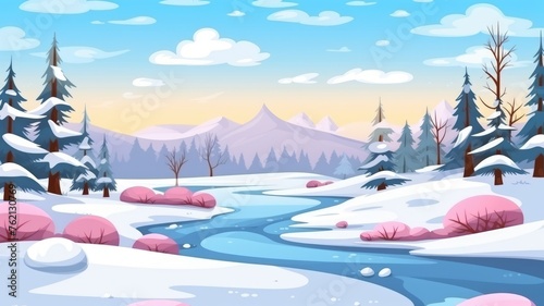 cartoon Flat winter landscape. serene snowy village with vibrant houses and tall pine trees under a clear sky