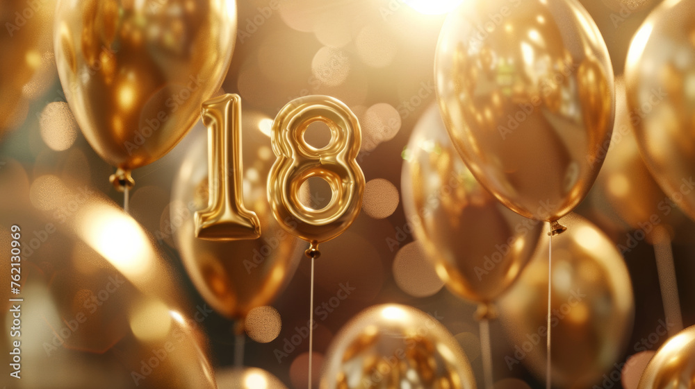 Golden balloons marking 18th birthday amidst a festive backdrop. Golden balloons marking 18th birthday amidst a festive backdrop.