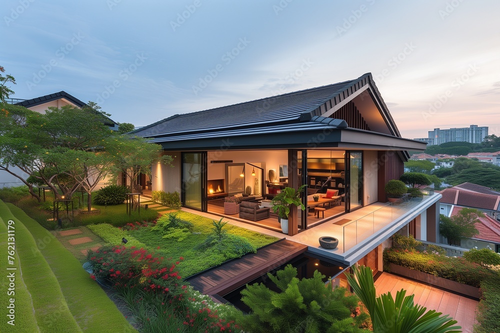 A Singaporean rooftop tea garden complements a craftsman-style dwelling