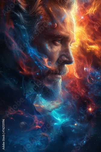 Portrait of a man and a fantastic glowing mysterious universe. A view from space. 3d illustration
