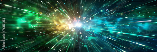 A bright green light rays from the center of an explosion moving high speed, abstract futuristic background portal tunnel with blue and teal colors on a black background,