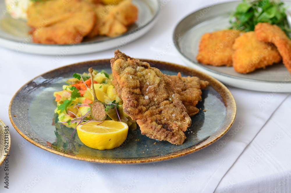 view of served veal steak from liver, Czech traditional food, restaurant background, close-up view view of served veal steak from liver, Czech traditional food, restaurant background, close-up view