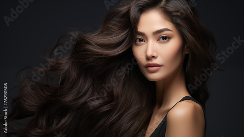 portrait of an asian woman with long hair , beauty shot