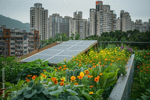 A rooftop garden with a solar panel on it. Green Energy and Renewable concept. © itchaznong