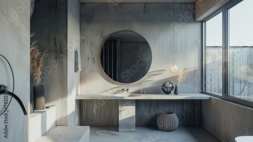 Contemporary Industrial Bathroom with Circular Mirror