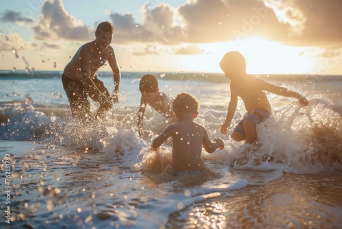 A family playing and laughing on the beach, building sandcastles and splashing in the waves. photo