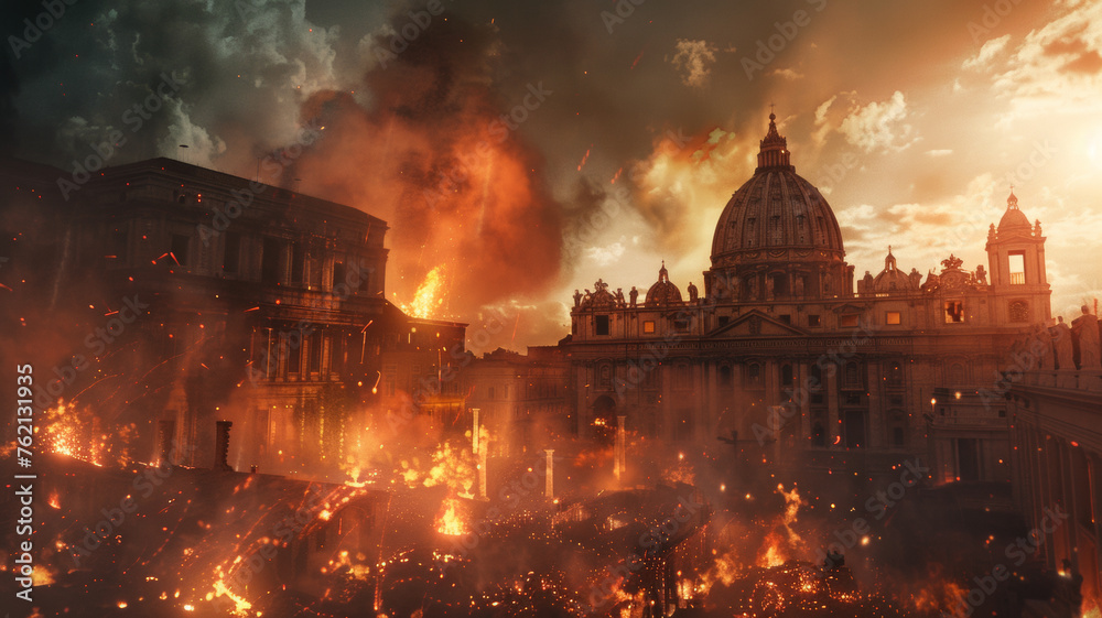 Apocalyptic scene with historical buildings aflame, symbolizing destruction and chaos. - obrazy, fototapety, plakaty 