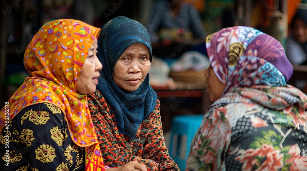 Three Muslim women talking to each other in the market area. Southeast Asian Muslim women discussing with each other. The blurred background of the market.