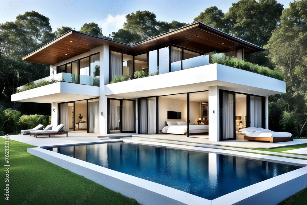 Fototapeta premium Design of a modern villa house with open plan living and private bedroom wing large terrace and privacy