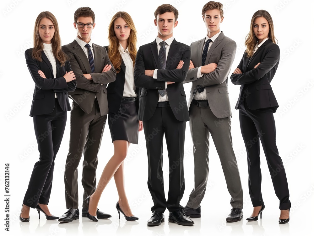 A group of five young professionals in business attire, confidently posing with crossed arms.