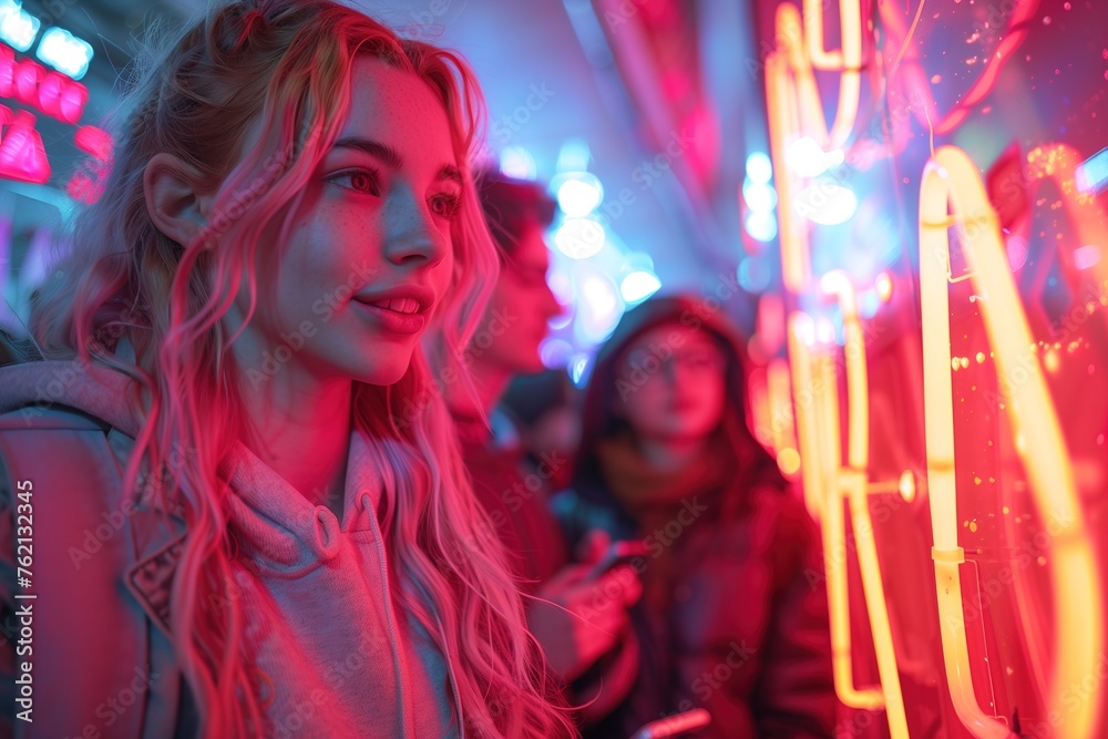 Young woman with a contemplative look in a neon-lit urban night setting