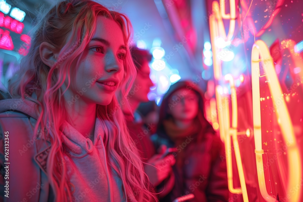 Young woman with a contemplative look in a neon-lit urban night setting Young woman with a contemplative look in a neon-lit urban night setting