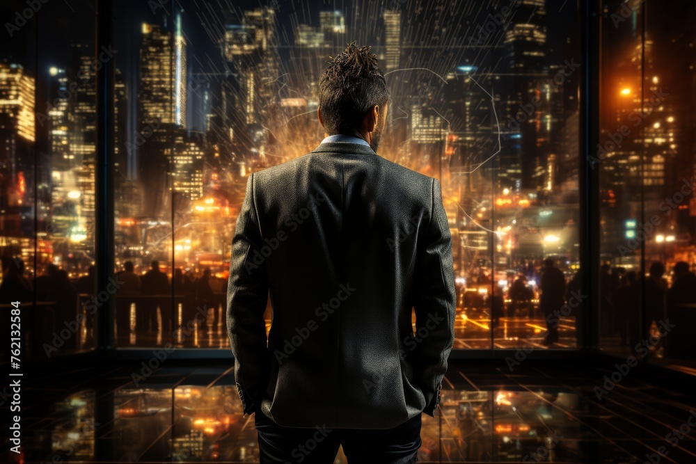 Man Standing in Front of Night Cityscape Man Standing in Front of Night Cityscape