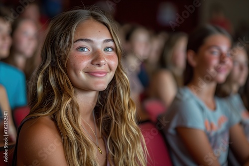 Capturing a girl's genuine smile at an indoor event, her expression exuding warmth and contentment
