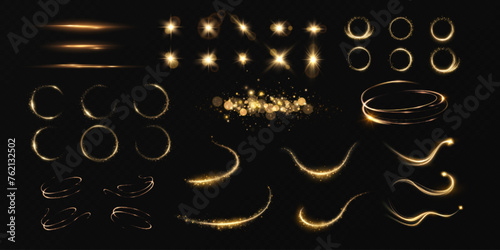 Set of light effects. Flash of light, explosion, sparkle, dust, line, solar flare, spark and stars, horizontal lines, neon lines, speed lines.