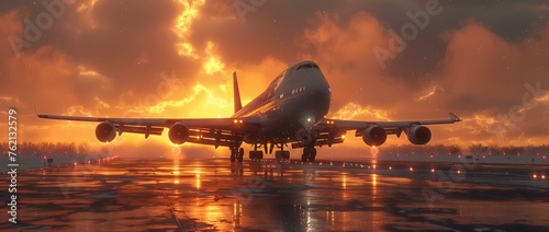 Commercial Airplane Taking Off at Sunset with Reflection