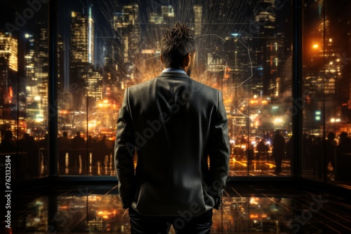 Man Standing in Front of Night Cityscape