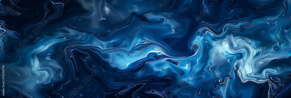Abstract Blue Marbling background, with dark blue and white colors wave in fluid shapes and swirling patterns,  banner - obrazy, fototapety, plakaty 