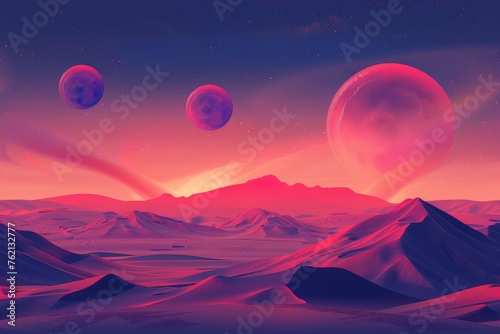 Unknown Planet Landscape, Unearthly Epic View, Unfamiliar Huge Planets of Different Sizes