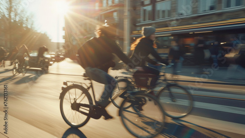 Cyclists in motion on sunlit city street, captured in a dynamic blur.