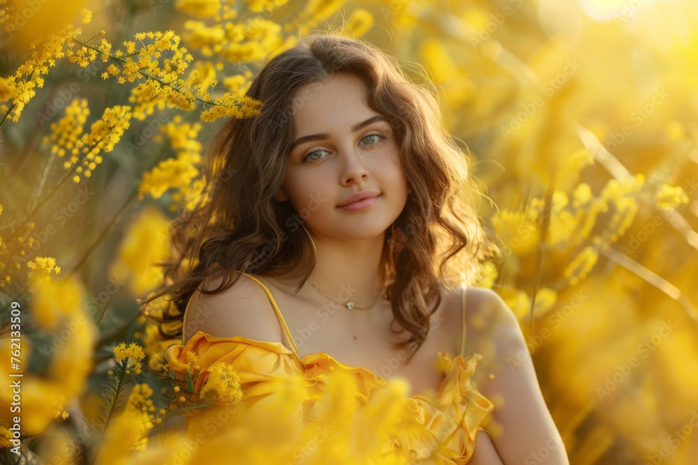 Beautiful Woman in Blooming Mimosa Flowers, Large Flowers, Beautiful Princess, Festive Atmosphere