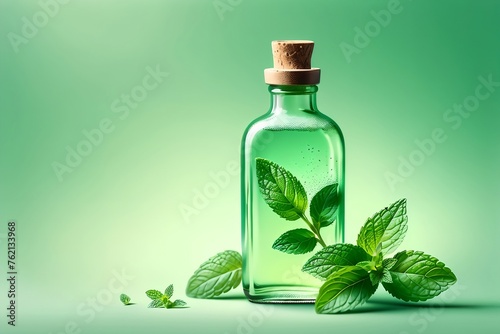 mint tincture in a glass bottle on a light green background