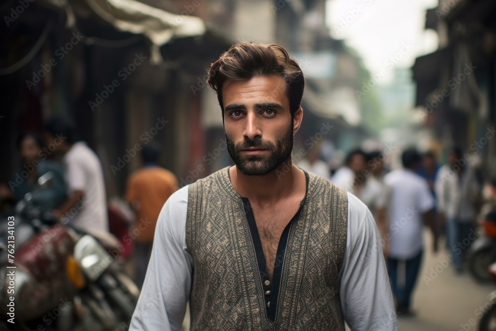 Obraz premium Sophisticated Pakistani guy suit. Style model. Generate Ai