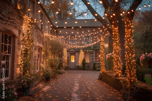 The enchanting entrance of the house glows with festive fairy lights creating a welcoming holiday ambiance