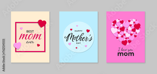 Set of Mother's Day greeting cards with red and pink hearts paper cut elements. Vector illustration
